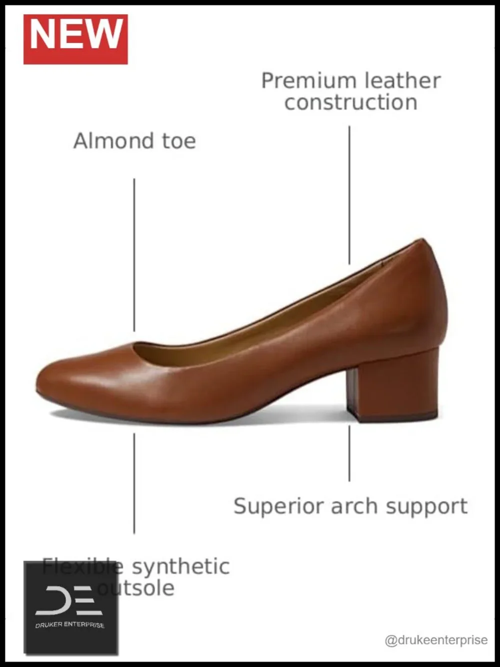 Womens Leather Block Heel Almond Toe Pump Slip-On Comfort Shoe